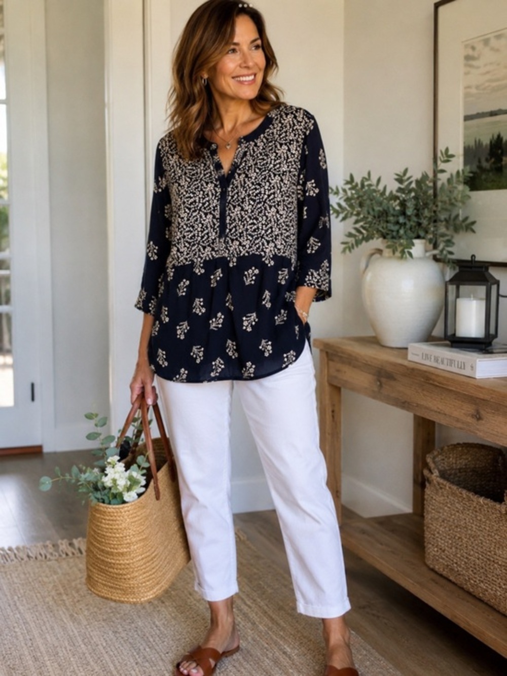 Lucky Brand Navy and White Printed Button-Front Cotton Tunic large